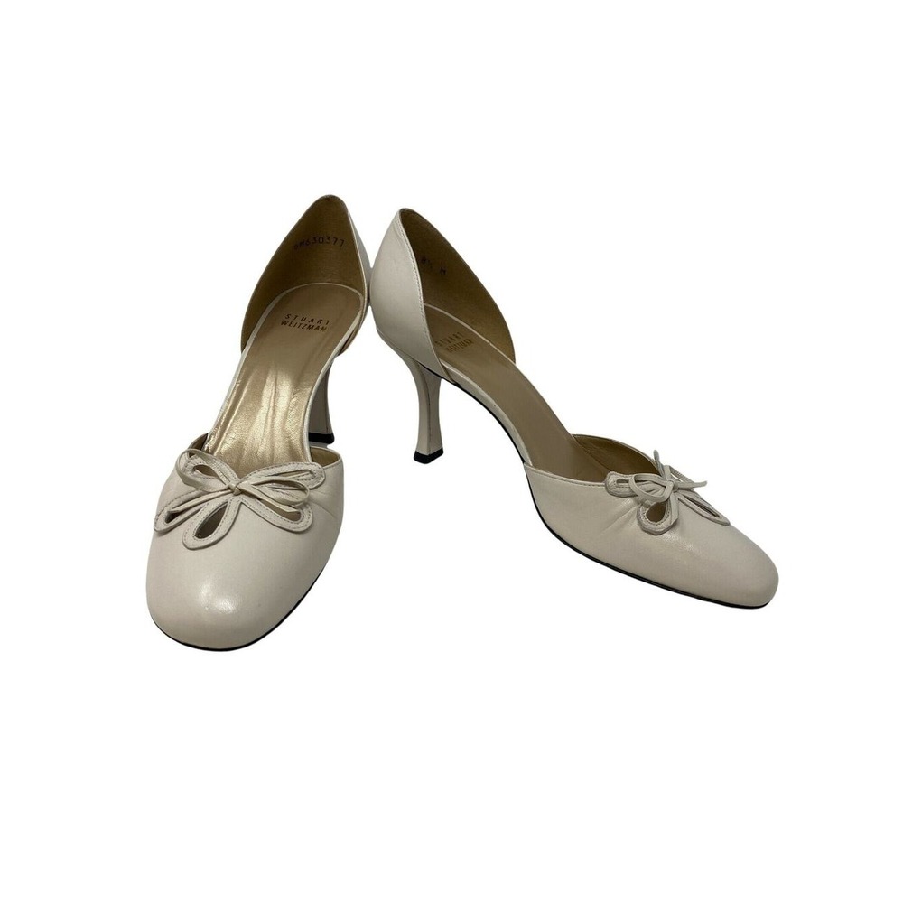 Stuart Weitzman Women's D Orsay Pumps 8.5 Cream Bow Cutout Leather Heels